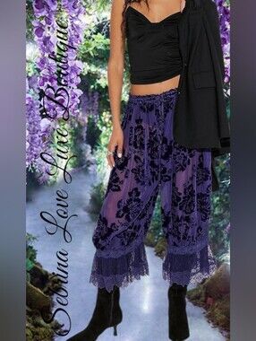 Romantic Victorian Inspired Purple Black Lace Boho Bloomer Pantaloon Harem Pants